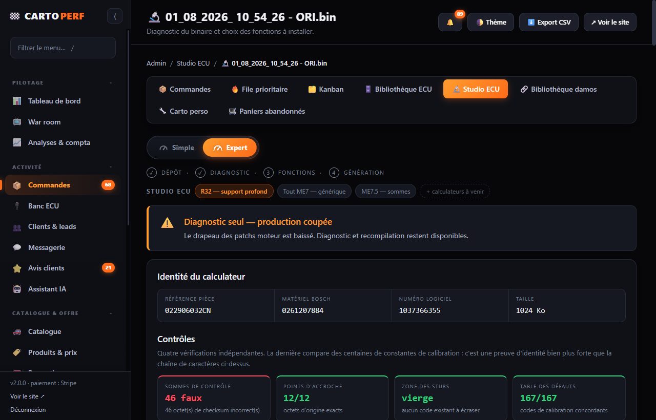 Le Studio ECU identifie le calculateur : référence, matériel, numéro logiciel, taille, puis quatre contrôles